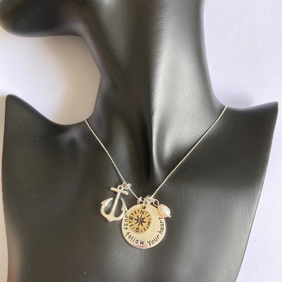 Nautical Compass Anchor Pearl Pendant Necklace Silver Plated 19" Freshwater - Picture 3 of 12